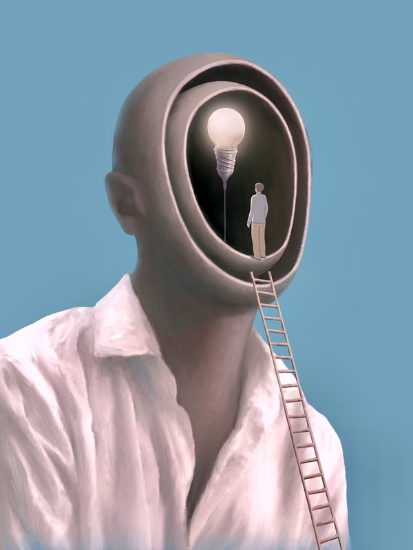 An illustration of a head opened like a doorway, a small figure climbing in