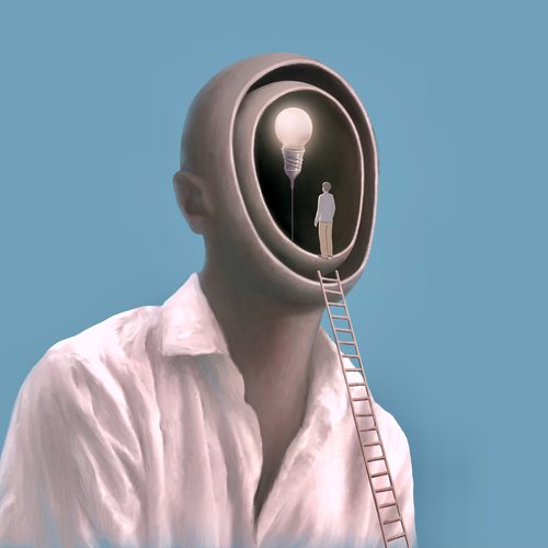 An illustration of a head opened like a doorway, a small figure climbing in